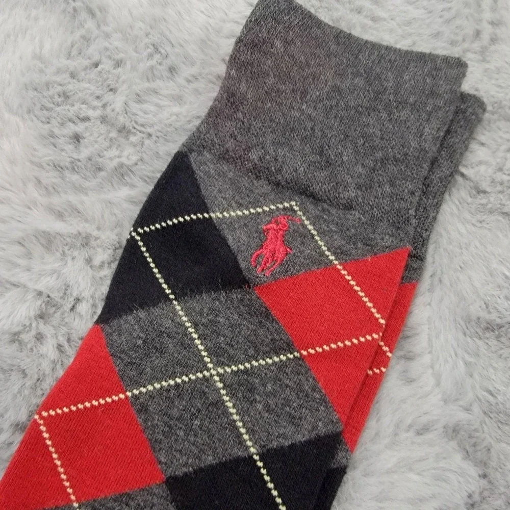 Polo Ralph Lauren Socks Mens 10-13 Gray Argyle Diamond Pony Dress Mid Calf